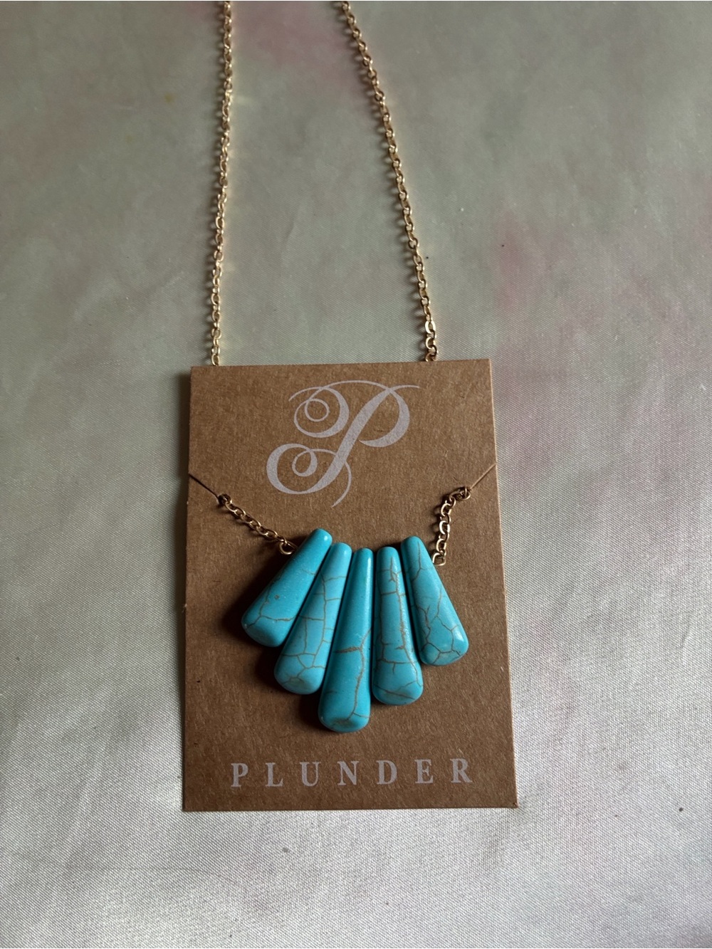 Plunder Blue Turquoise Fan Pendant Necklace - Gold Chain